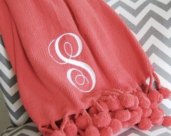 Pom Pom Blanket - Personalized Blanket - Dorm Decor - Dorm Bedding - 50 x 60 Inches - Coral Bedding - Coral, Hot Pink, Turquoise and Gray