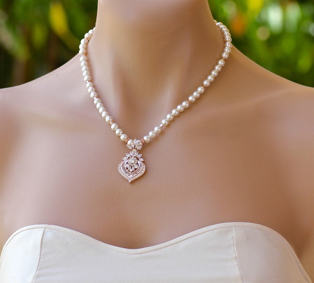 Rose Gold Crystal Necklace Pearl Bridal Necklace By Jamjewels1 