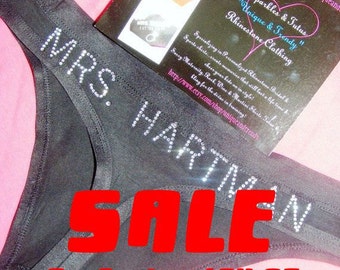 Personalized Bride Thong panties: underwear, bridesmaid, boy shorts, future mrs, white, black, rhinestone, bling, embroidered,