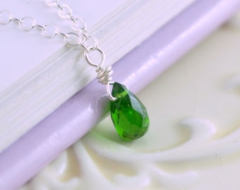 May Birthstone Necklace, Emerald Green Chrome Diopside, Tiny Gemstone Teardrop, Child's Jewelry, Wire Wrapped, Sterling Silver