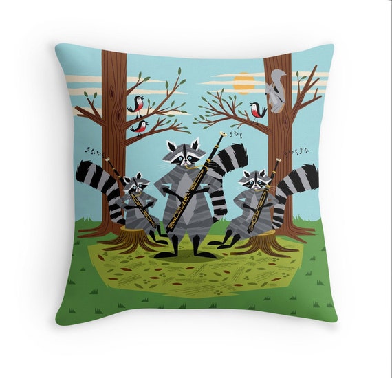 Raccoons Playing Bassoons - illustrated Cushion Cover / Throw Pillow Cover - Children's room - Kids Decor - (16" x 16") by Oliver Lake