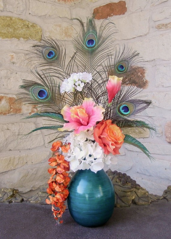 Items similar to Tropical Peacock Feather Floral Arrangement with Pink Hibiscus, White