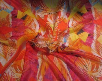 Vibrant Orange and Pink Abstract Print Pure Silk Mousseline Chiffon Designer Fabric--By the Yard