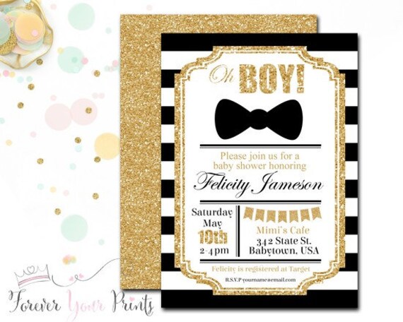 Striped Boys Baby Shower Invitations, Black and Gold Invitation, Baby Shower Invitation Boy, Oh Boy, Glitter Baby Shower, Printing Service Il_570xn
