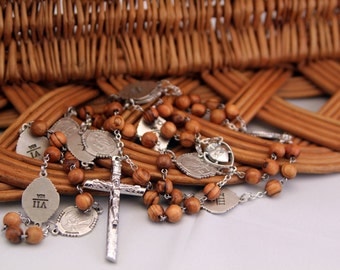 Stations of the Cross Rosary, Olive Wood Beads and Station Medals