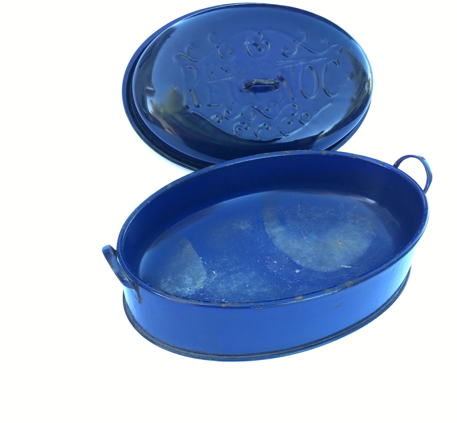 REVONOC Blue Enamel Roasting Pan Large Vintage Turkey Roaster