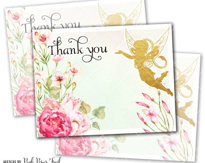 Flower Fairy Thank You Card, Flower Garden, Pink Blush, Instant Download, Print Your Own
