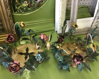 Vintage Pair Italian Tole Candle Holder Centerpieces~Rare ,Marked Piece~GORGEOUS FLOWERS