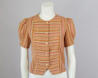 80s Vintage 30s Style Puff Sleeve Striped Button Blouse (S)