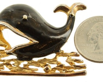 Vintage Mod Black Enamel Gold Tone Whale In Organic Waves 1960's Pin 2" x 1 1/4"