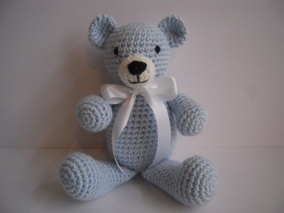 Crocheted Stuffed Amigurumi Light Blue Teddy Bear