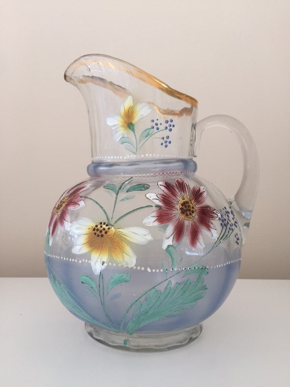 Antique Northwood Glass Pitcher Hand Painted Flowers