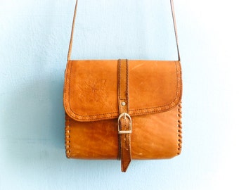 Vintage Leather Purse Bag Satchel Caramel Light Brown Tan Tanned Hippie Boho Folk 70s / small