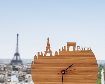Paris Clock - Eiffel Tower, Arc de Triomphe, Modern Wall Clock - Large Clock - Walnut or Cherry Wood Clock