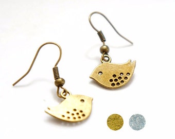 Cute Vintage Style Antiqued Brass or Antiqued Silver Birdie Dangle Earrings - C0002/CP109