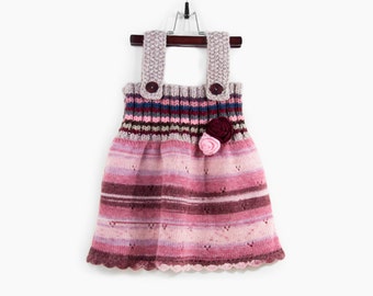 Knitted Baby Dress - Pink, Red and Gray, 2 - 3 years
