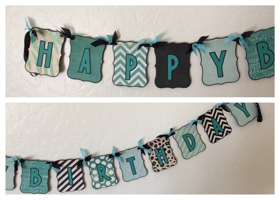 Happy Birthday Scroll Banner in Black and Teal by PaperHarborCo