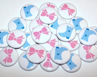 Boots & Bows Gender Reveal Party Set of 24 Buttons Baby Shower Favor 1" or 1.5" or 2.25" Pin Back Button Pink Blue 1" Magnets
