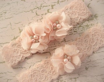 Wedding Garter, Blush Garter, Blush Garter Belt Set with Toss Garter in Blush, Bridal Garter Lace Garter with Chiffon Blossoms pearls