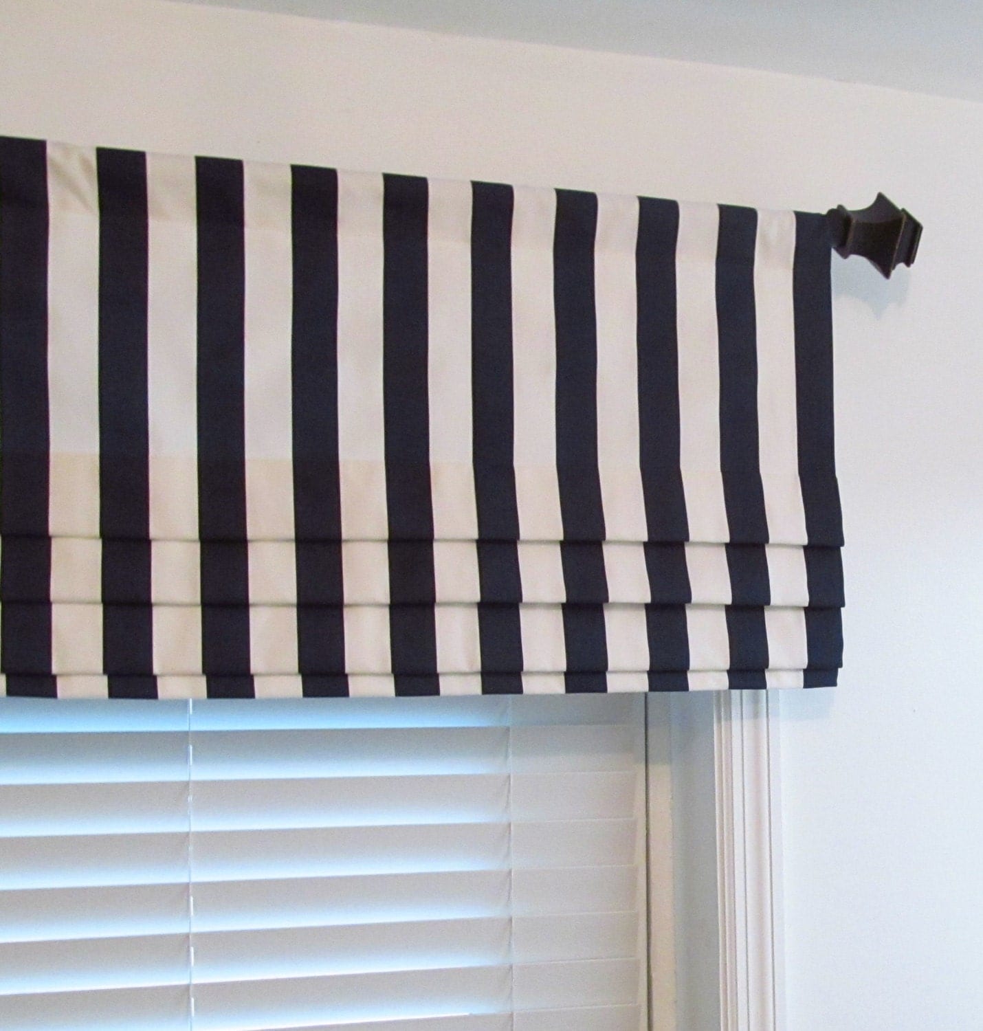 Navy Blue & White Striped Faux Roman Shade Lined Mock Valance
