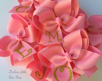 Glitter Monogrammed Bow - you choose initial and colors - shown is pink and gold - 4 inch or 5 inch bow with gold, silver or pink monogram