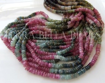 Full 16" strand WATERMELON TOURMALINE smooth gem stone heishi rondelle beads 4mm - 4.5mm pink green