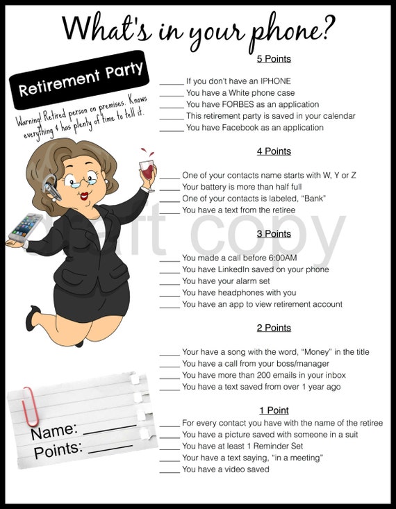 Retirement Party Game-Whats in your phone