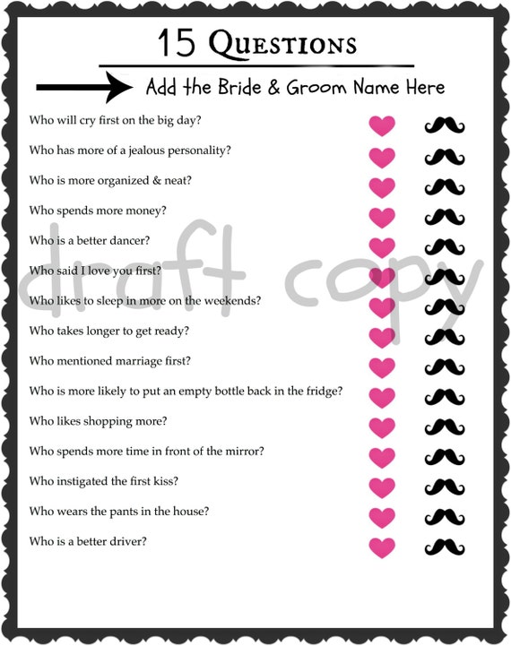 Bride & Groom Trivia Wedding Shower Game Bachelorette