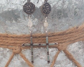 CROSSES AND ROSES antique vintage assemblage earrings