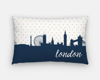London skyline pillow | London pillow | London decor | gold polka dot pillow | London throw pillow | London, England pillow | London home