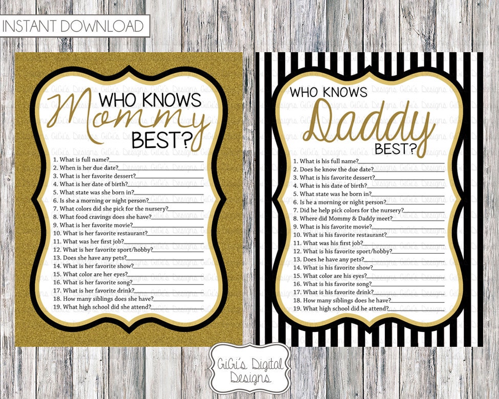 Baby shower game Who knows Mommy Daddy best Black White Gold