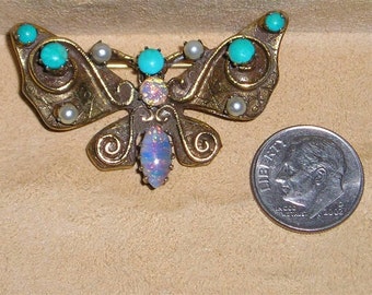Vintage Butterfly Brooch With Faux Turquoise Opalescent Stones 1960's Signed Original By Robert Jewelry 6036