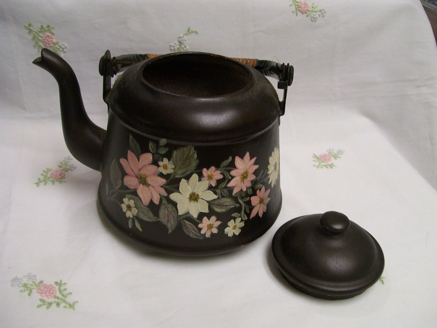 Vintage Teapot Hand Painted Floral Metal Circa 1960s Enamel