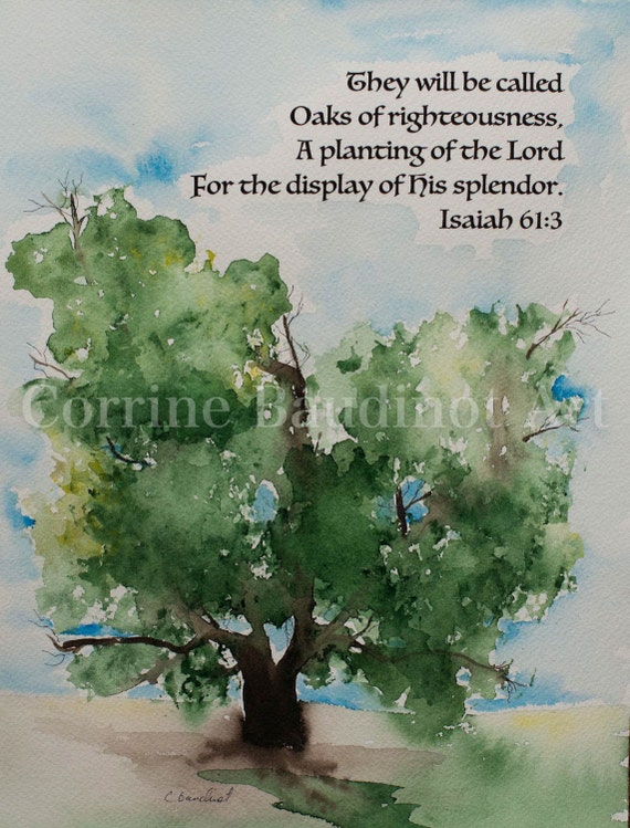 Watercolor painting of Old Oak Tree with Bible verse original