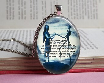 Silver or bronze oval The Nightmare Before Christmas glass dome pendant (Jack Skellington, Sally, quote, moon, Tim Burton, TNBC, love)