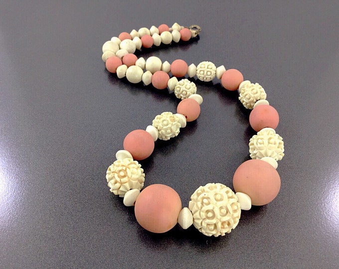 Antique Vintage Carved Galalith Bead Necklace, Early Plastic Carved Flower Necklace. French Ivory Necklace. French Beads. Plastic Coral Bead