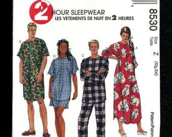 McCalls 8530 Nightgowns Nightshirts & Pajama Bottoms for Him and Her UNCUT Sizes XL..XXL