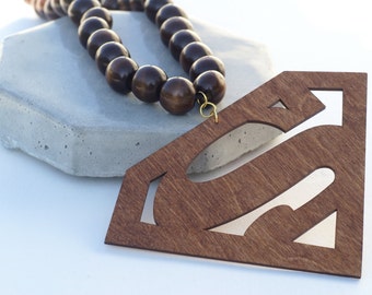 Mens Beaded Necklace With Oversized Pendant - Man of Steel