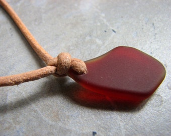 Red Sea Glass Necklace, Mens Necklace, Unisex Jewelry, Sea Glass Leather Necklace, Tied Glass Pendant Necklace