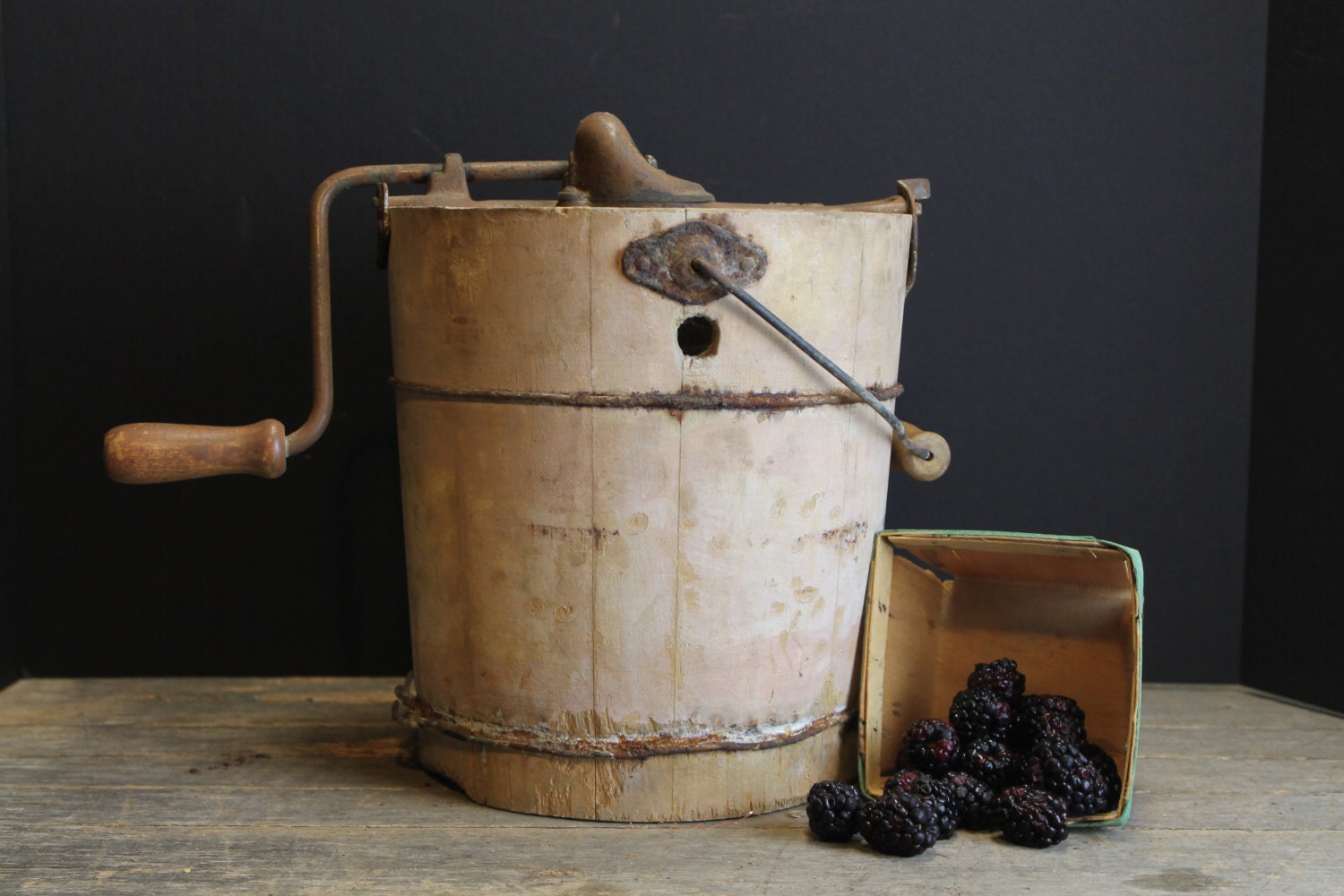 Antique Wood Ice Cream Bucket with Ice Cream Maker