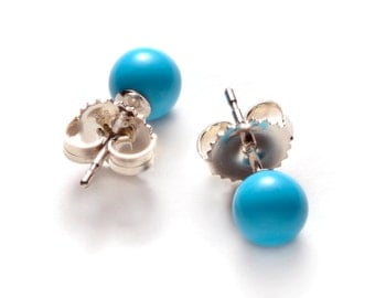 Natural Sleeping Beauty Turquoise Stud Earrings, 6 mm and/or 8 mm Sleeping Beauty Turquoise ball bead on Sterling silver post and ear-back