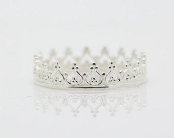 Silver Crown Ring - Sterling Silver 925 Queen Princess Stacking Rings Handmade Polished Silver