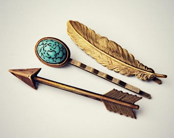 arrow feather bobby pin set, turquoise bobby pin, feather bobby pin, arrow bobby pin, geometric hairpins, turquoise hairpin, arrow hairpin