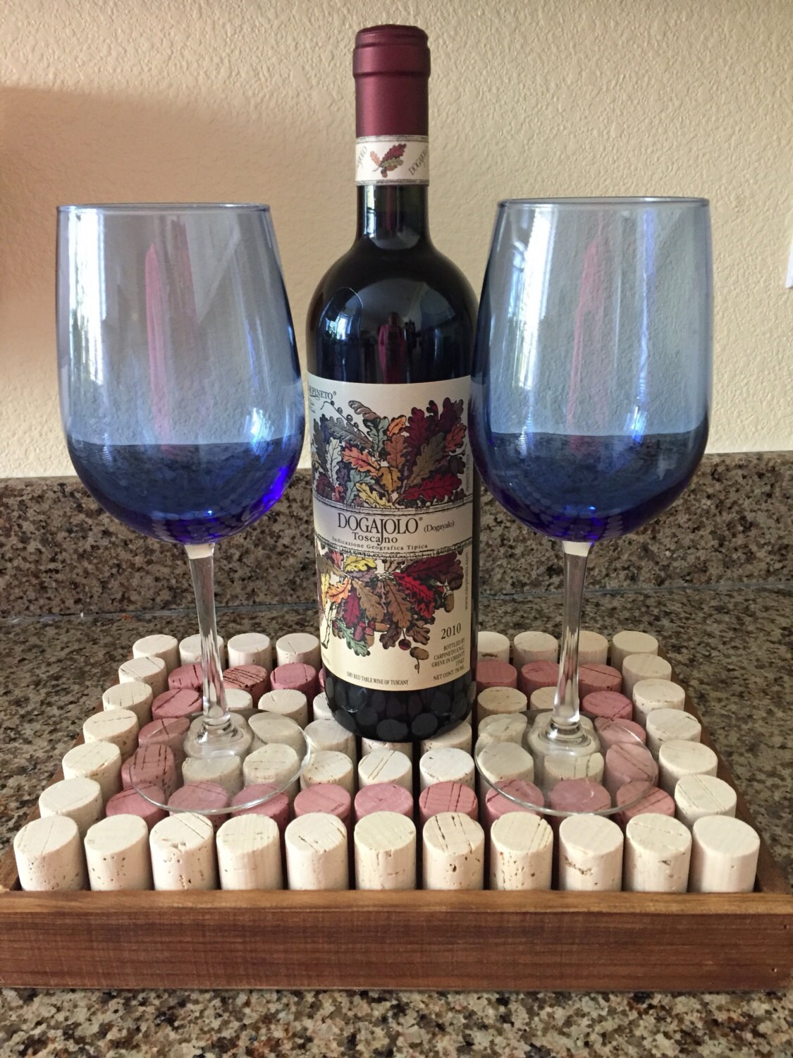 Rustic Wine Cork Table Display w/Medium Wood Stain Tray Wine