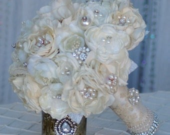 FULL PRICE Gatsby Brooch Bouquet FREE Boutonniere Fabric flower Ivory Champagne Cream