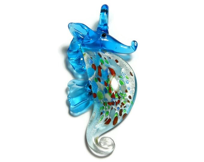 Lampwork seahorse pendant, handmade focal, glass, blue and multicolored, sea blue foil, 58x30mm seahorse