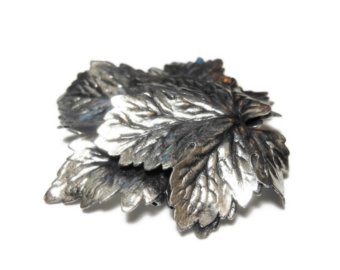 FREE SHIPPING Napier grape leaves brooch, large antiqued silver plated double grape leaf with intricate details