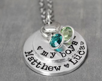 Mother Necklace, My Boys Necklace, Custom Name Mommy Necklace, Hand Stamped Jewelry, Birthstone Necklace, Child Name Necklace Mother Jewelry