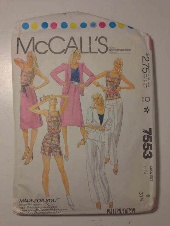 McCalls Sewing Pattern 7553 80s UNCUT Misses Jacket, Top, Skirt, Pants or Shorts Size 8