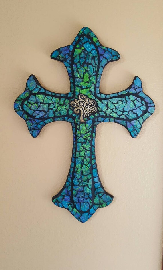 Crash Glass Mosaic Cross by BearRiverBarn on Etsy